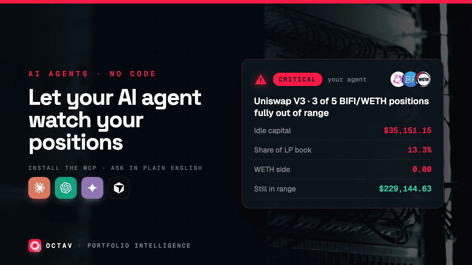 Banner: an AI agent reporting three liquidity positions out of range