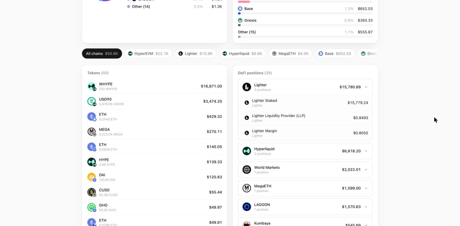 The dashboard filtered, with the tokens list and a DeFi positions accordion open