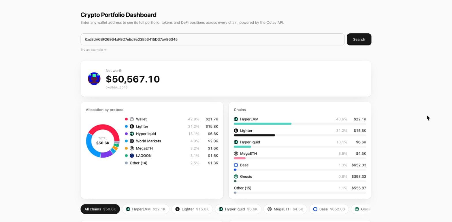 The finished crypto portfolio dashboard showing net worth, allocation by protocol, chain progress bars and a chain filter