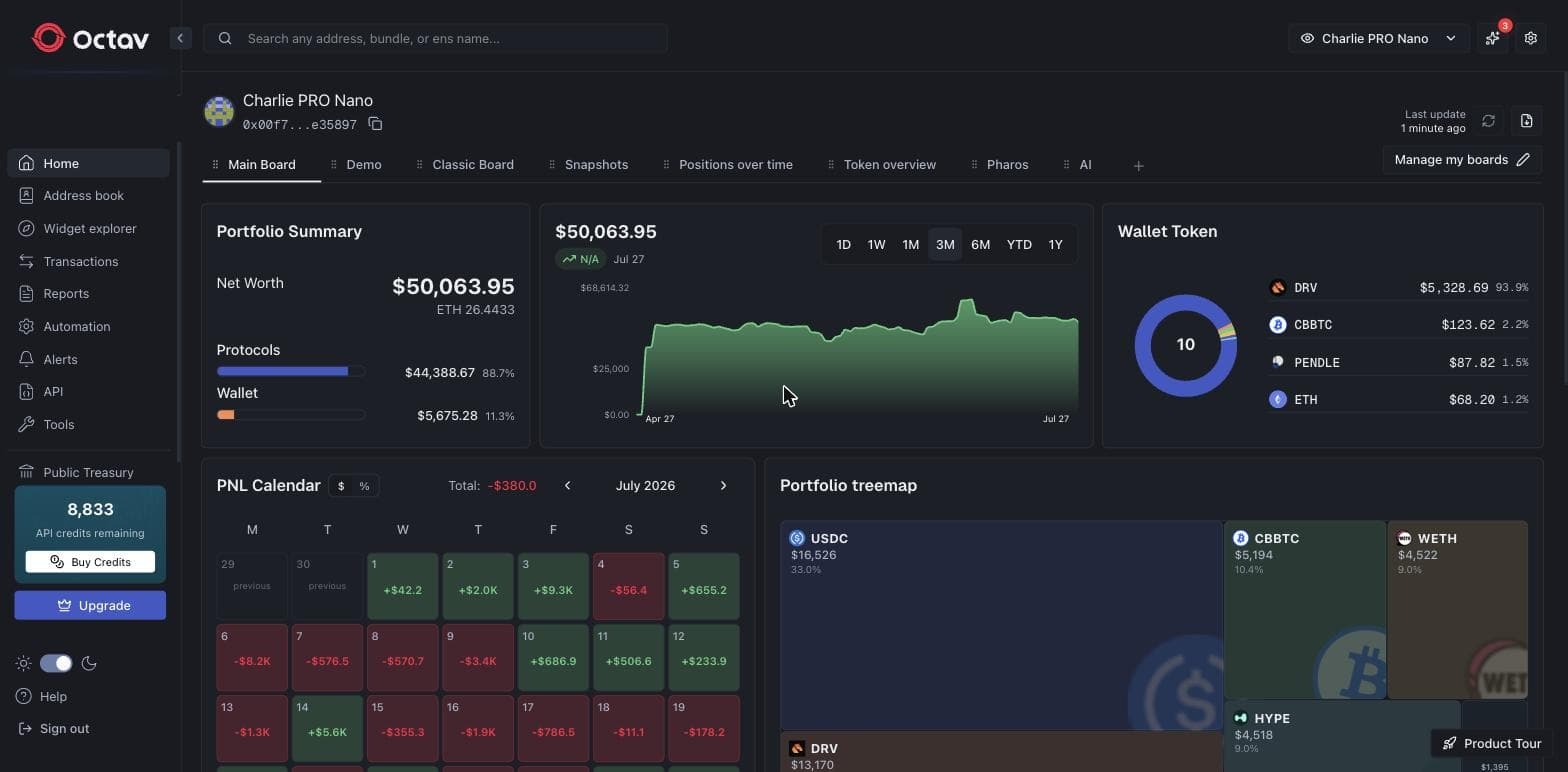Tracking a full crypto portfolio in Octav: net worth, performance, P&L and every holding on one board
