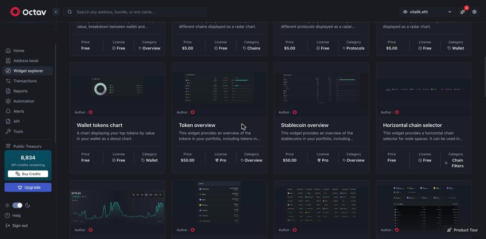The Octav widget explorer: a catalog of portfolio widgets by category, free and premium