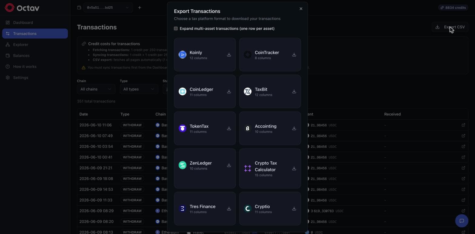 Octav's export dialog listing ten tax and accounting platform formats